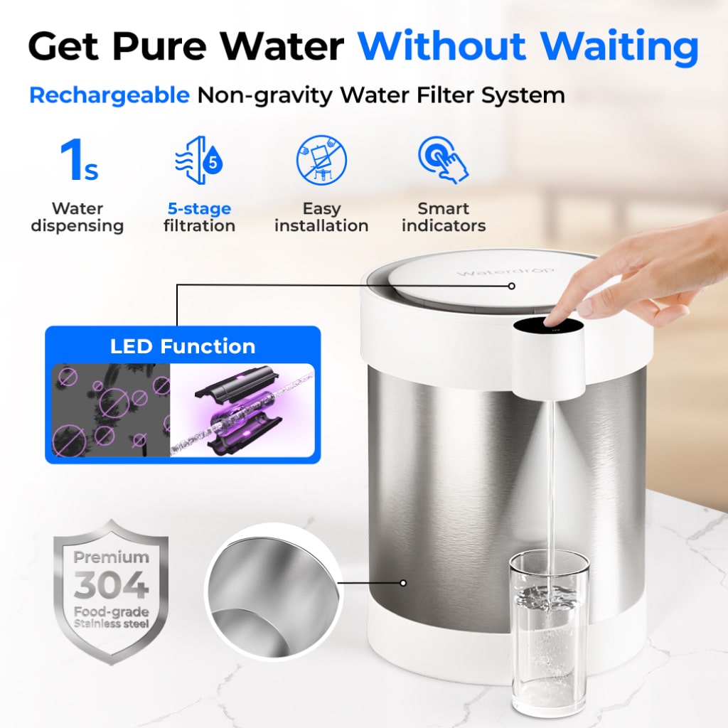 Waterdrop 5-Stage Stainless Steel Countertop Water Filter, Reduces Lead, Chlorine, Cadmium & More